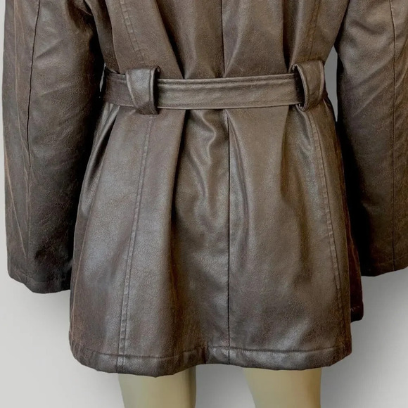 Giacca Vintage Faux Leather Belted Peacoat Jacket Faux Fur Collar Size XL Brown - Picture 11 of 16